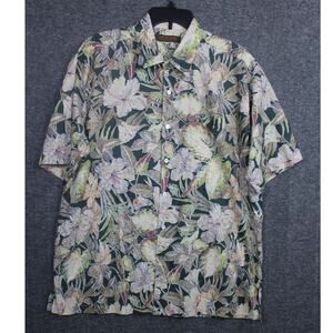 Vintage Tori Richards Shirt Mens Large Tan Hawaiian Floral All Over Print leaves